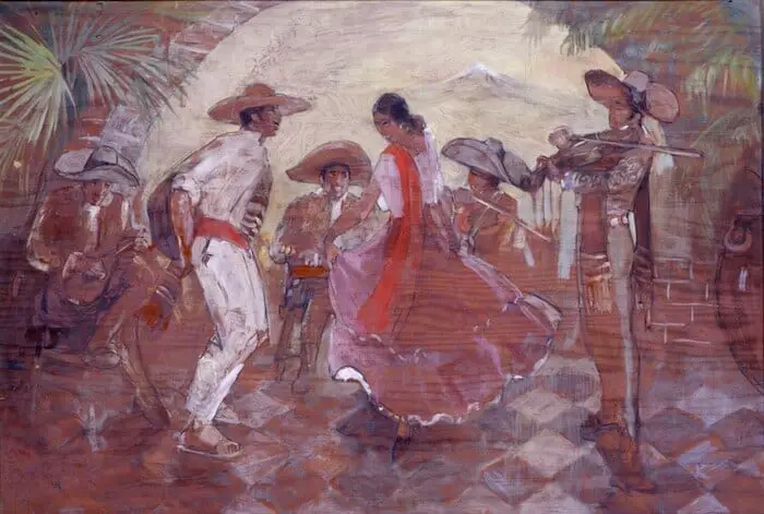 Minerva Teichert (1888-1976), Fiesta, c.1940, oil on panel, 25 x 36 inches. Brigham Young University Museum of Art, 1946.