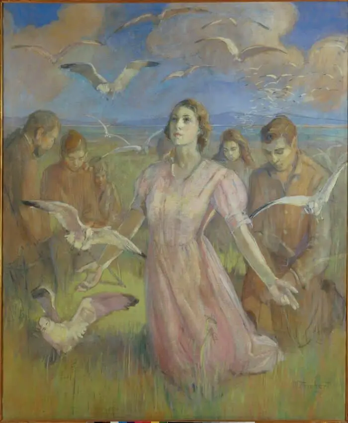 Minerva Teichert (1888-1976), The Miracle of The Gulls, c.1935, oil on canvas, 69 x 57 inches. Brigham Young University Museum of Art, gift of Flora Sundberg, 1936.