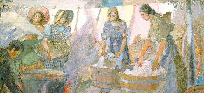 Minerva Teichert (1888-1976), Washday on the Plains, 1938, oil on canvas, 40 x 94 inches. Brigham Young University Museum of Art, gift of the Teichert Family Collection, 1997.