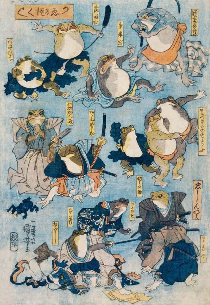 Famous Heroes of the Kabuki Stage Played by Frogs by Utagawa Kuniyoshi (1798-1861), a woodcut illustration of personified frogs in costume acting out scenes from Kabuki plays. Original from Library of Congress. Digitally enhanced by rawpixel.