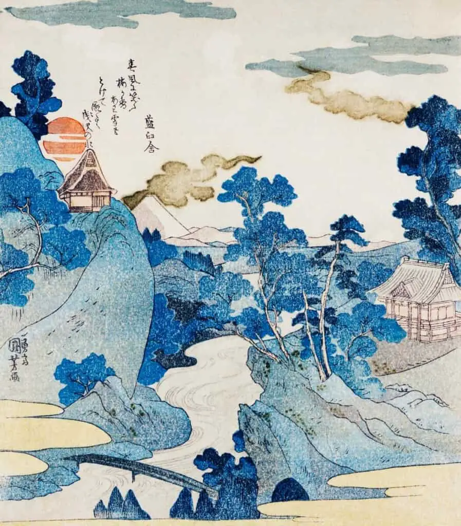 Fuji no Yukei by Utagawa Kuniyoshi (1798-1861), translated An Evening View of Fuji, a traditional Japanese ukiyo-e style illustration of the stream of Asazawa in spring with view of Mount Fuji from the hot springs at Hakone. Original from Library of Congress. Digitally enhanced by rawpixel.