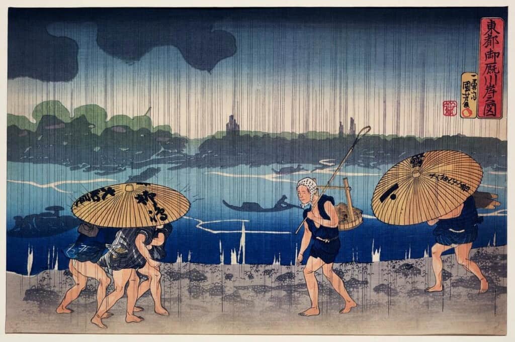 “People Walking Beneath Umbrellas Along the Seashore During a Rainstorm” by Utagawa Kuniyoshi (1798-1861), a woodcut illustrations of rural people traveling while raining. Original from Library of Congress. Digitally enhanced by rawpixel.