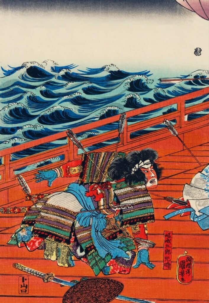 Saga Goro Mitsutoki by Utagawa Kuniyoshi (1753-1806), a traditional Japanese ukiyo-e style illustration of a traditional Japanese warrior in battle with arrows sticking out of his armor. Original from Library of Congress. Digitally enhanced by rawpixel.
