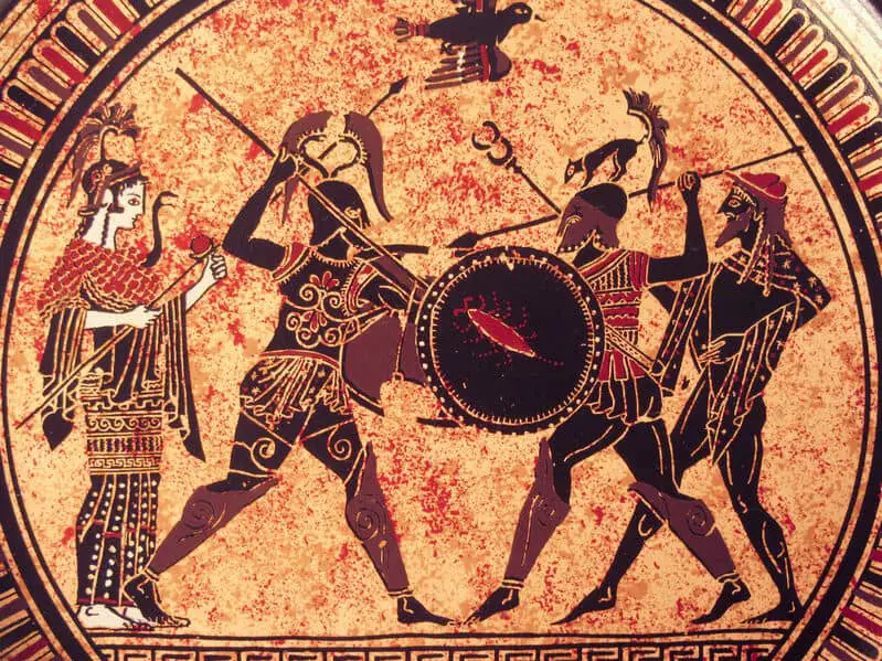 Detail from an old historical greek paint over a dish. Mythical heroes and gods fighting on it