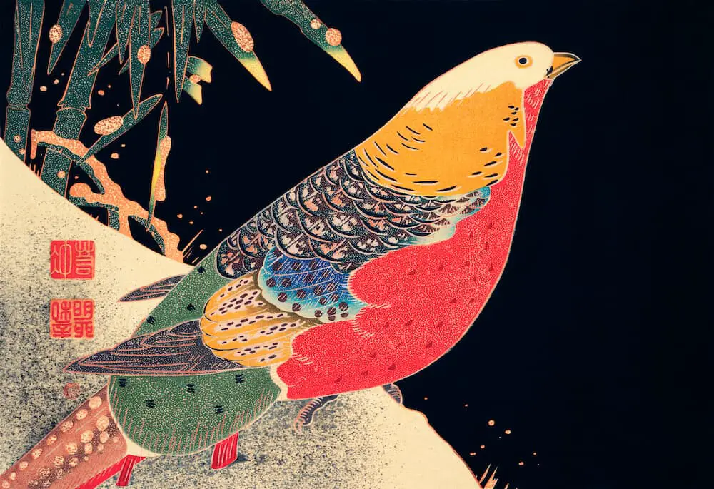 Golden Pheasant in the Snow (ca. 1900) illustration by Ito Jakuchu.