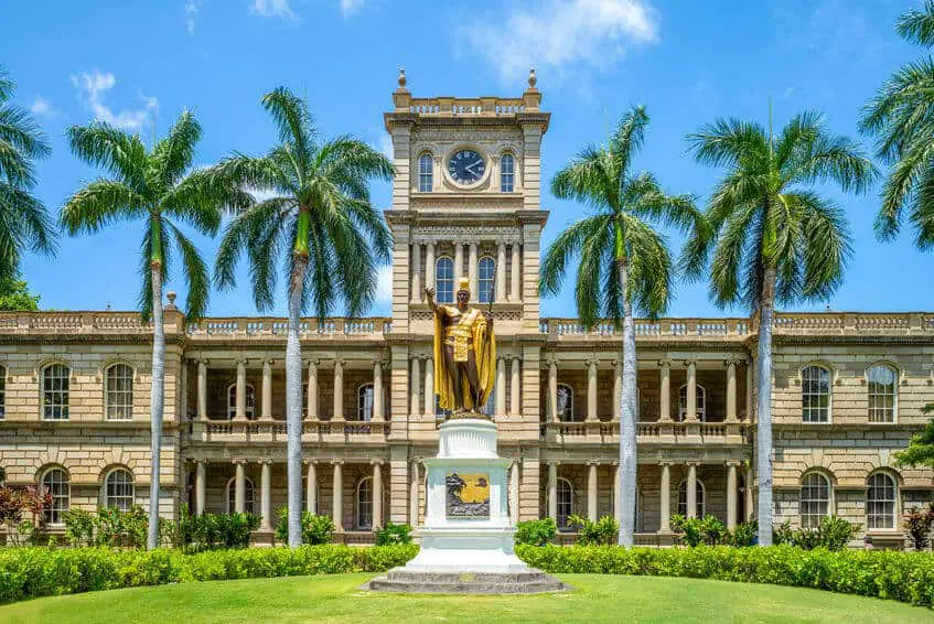 The King Kamehameha Statue outside the Hawaii Supreme Court in Honolulu.