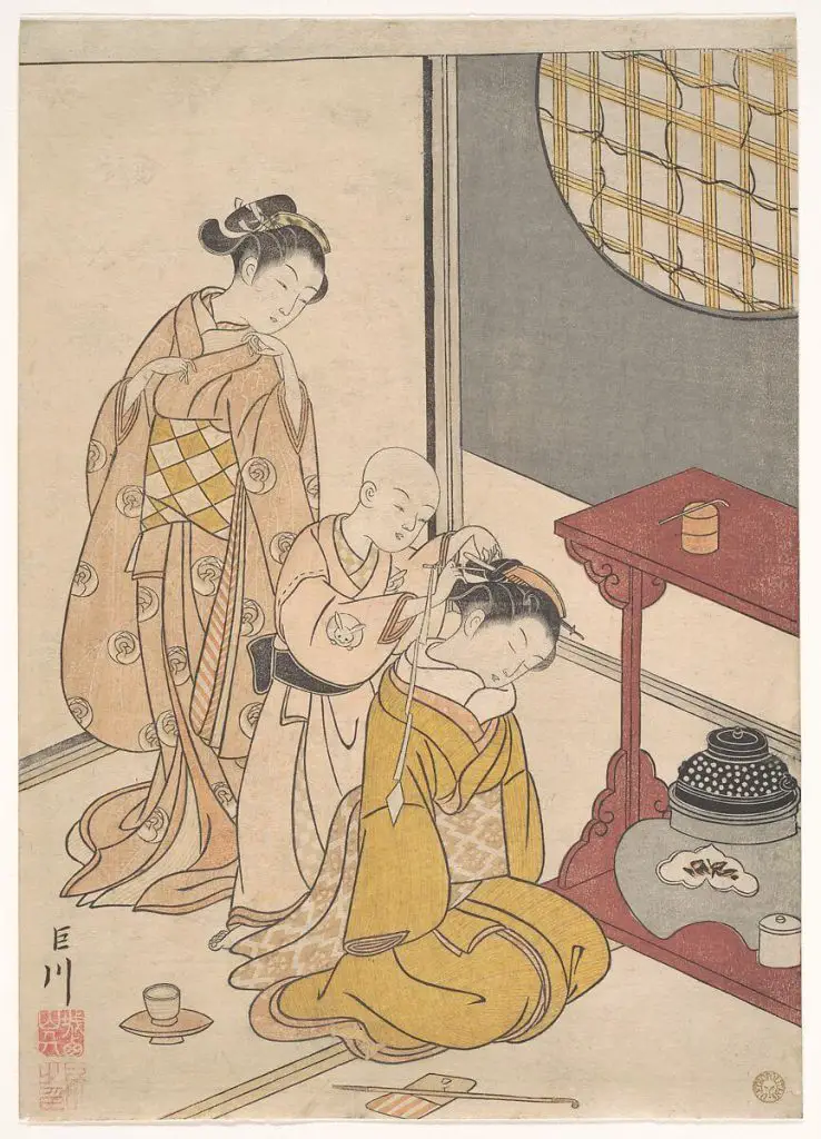 Night Rain at the Double-Shelf Stand, from the series Eight Parlor Views (Zashiki hakkei) ca. 1766 Suzuki Harunobu Japanese (The MET, Public Domain)