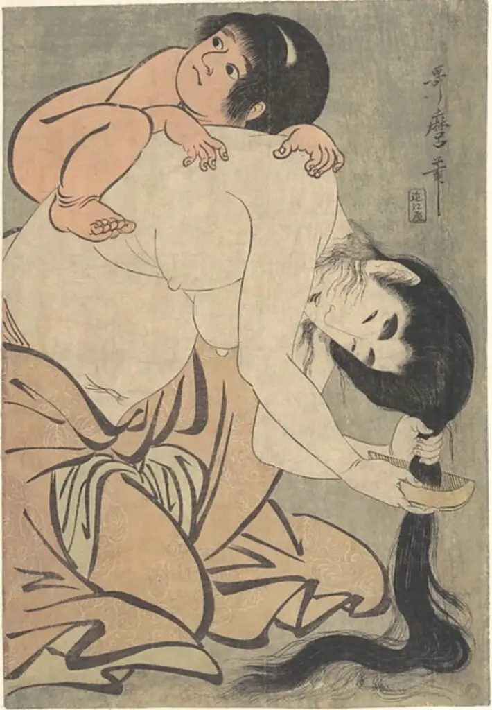 Yamauba Combing Her Hair and Kintoki, (1801) By Utagawa Hiroshige