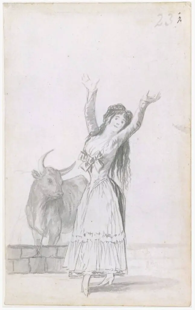 A young woman dancing, her arms raised, a bull in the background; folio 23 (recto) 1796-97 By Francisco Goya