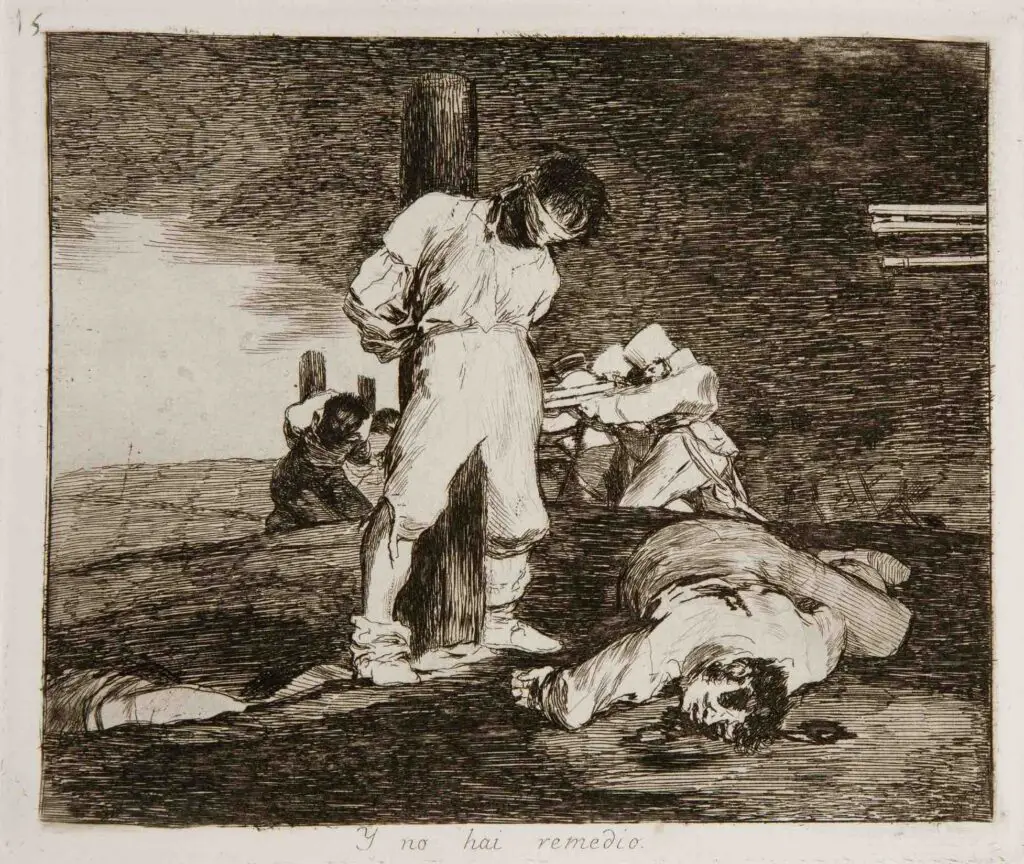Plate 15 - Y no hay remedio (And it cannot be helped). Prisoners executed by firing squads, reminiscent of The Third of May 1808. By Francisco Goya