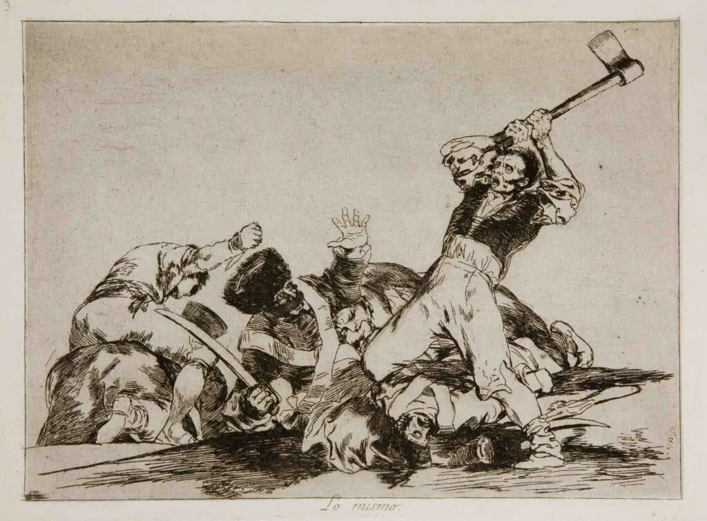 Plate 3- Lo mismo (The same). A man about to cut off the head of a soldier with an axe By Francisco Goya