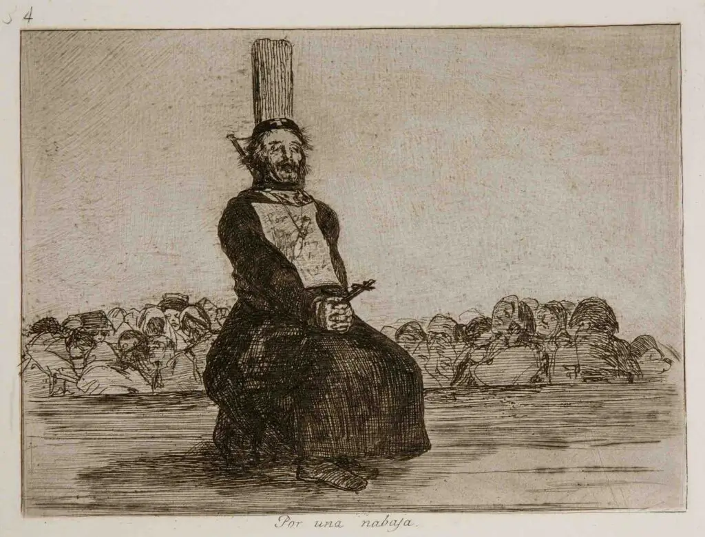 Plate 34: Por una navaja (For a clasp knife). A garroted priest grasps a crucifix in his hands. Pinned to his chest is a description of the crime for which he was killed—possession of a knife. By Francisco Goya