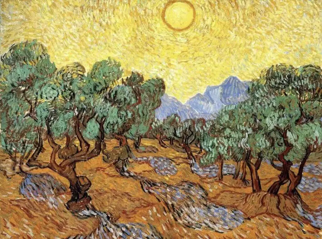 Olive Trees with Yellow Sky and Sun (1889) By Vincent Van Gogh