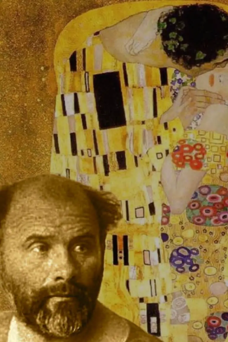 Gustav Klimt's with his Iconic Kiss painting.