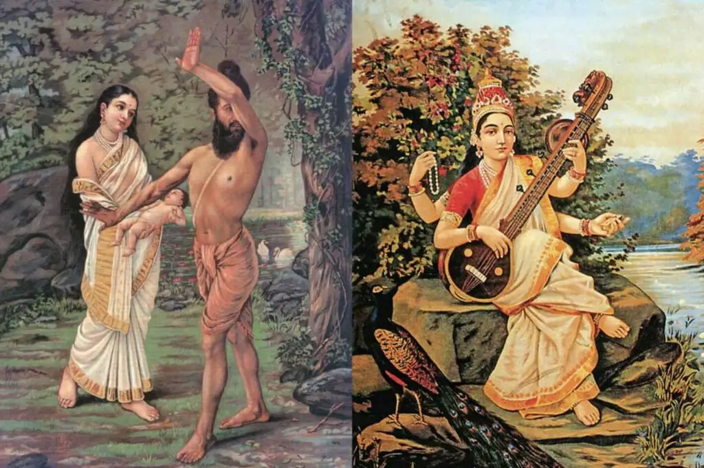 The Birth of Shakuntala and Saraswati (Left to Right) By Raja Ravi Varma