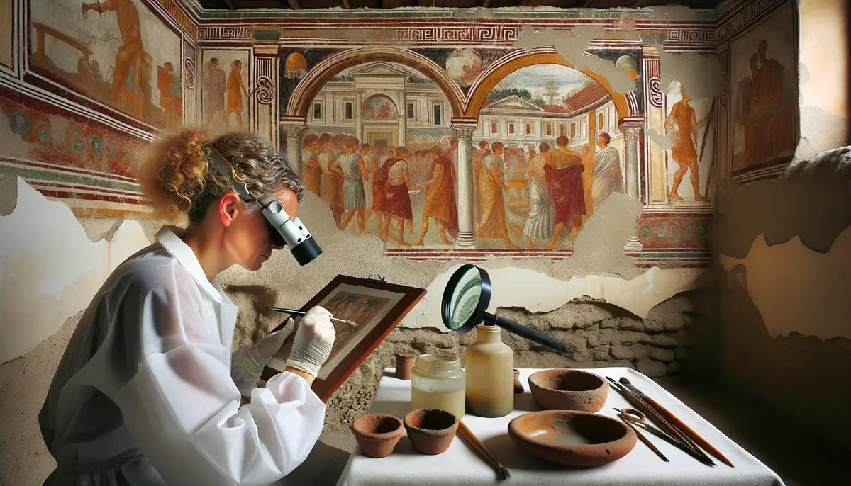 Image of a preserved ancient Roman fresco being delicately restored by a conservator