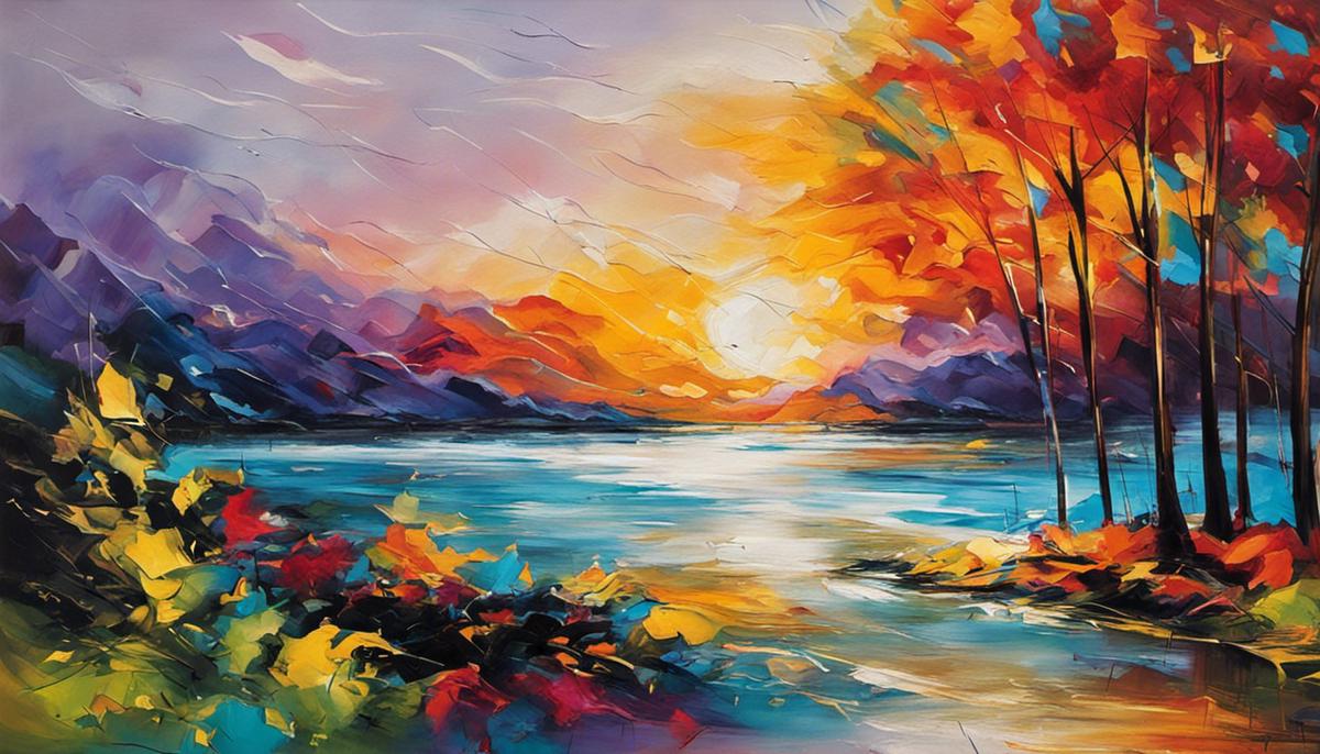 An abstract painting filled with vibrant colors and dynamic brushstrokes