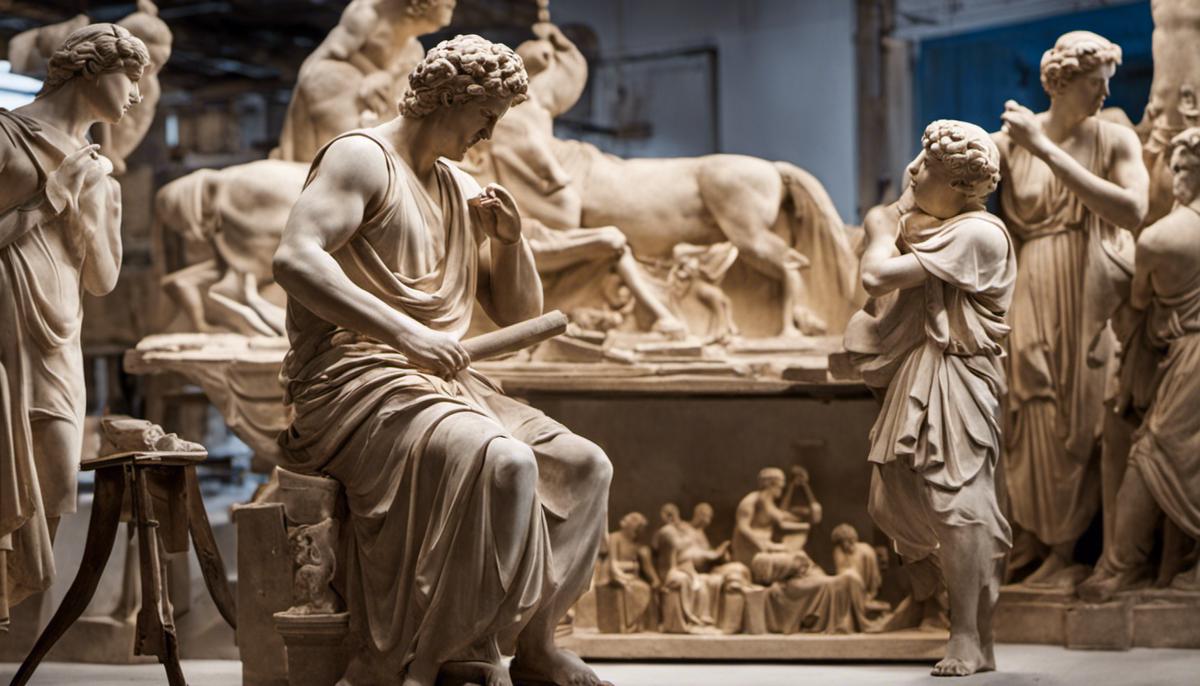 Image depicting ancient Greek sculptors at work in their studios