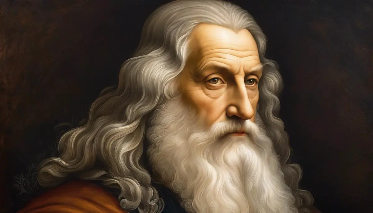 Portrait of Leonardo da Vinci, a man with flowing white beard and intense gaze, known for his contributions to the art world